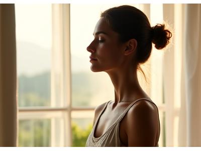 Woman happily meditating by window with plant