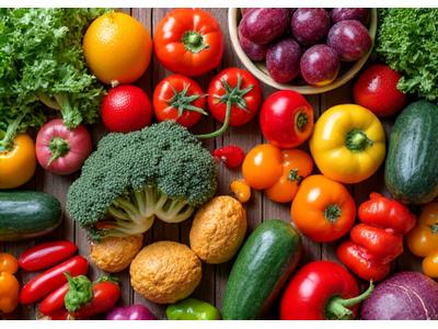 Fresh colorful vegetables and fruits on a wooden table