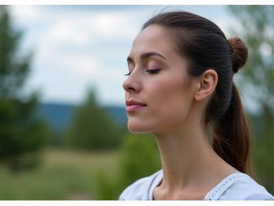 Calm woman practicing deep breathing outdoors